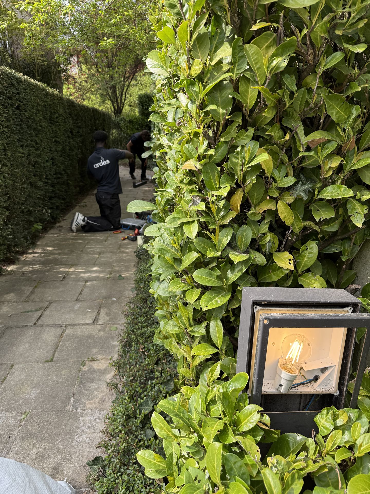 L’équipe Ardès installe un projecteur de jardin